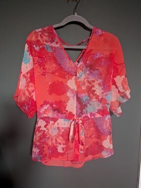 a.n.a Coral Pink Floral Tie-Waist V-Neck Blouse